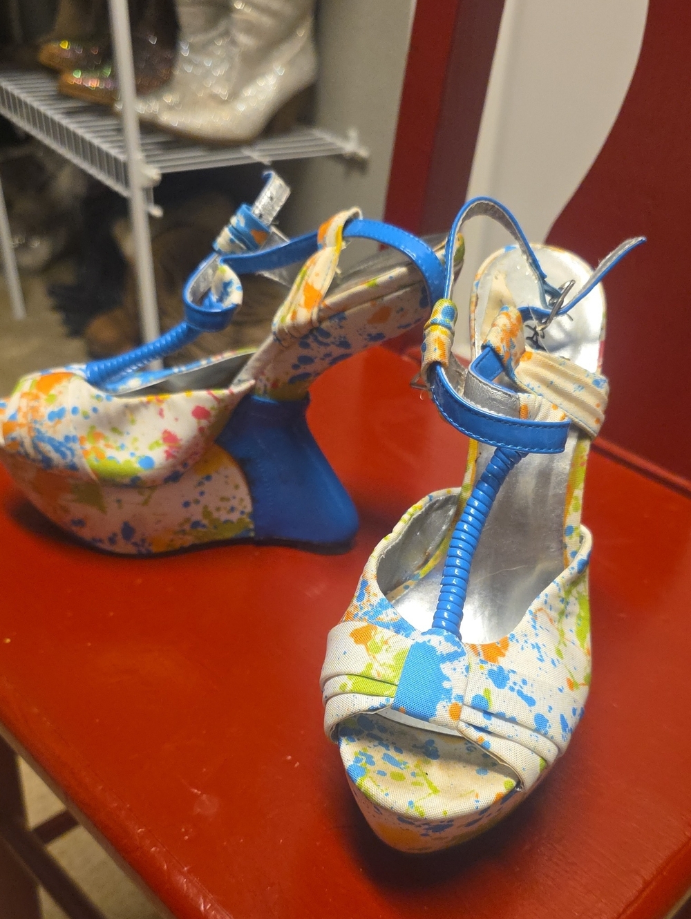 Herstyle Blue and Multicolor Paint-Splash Wedge Sandals